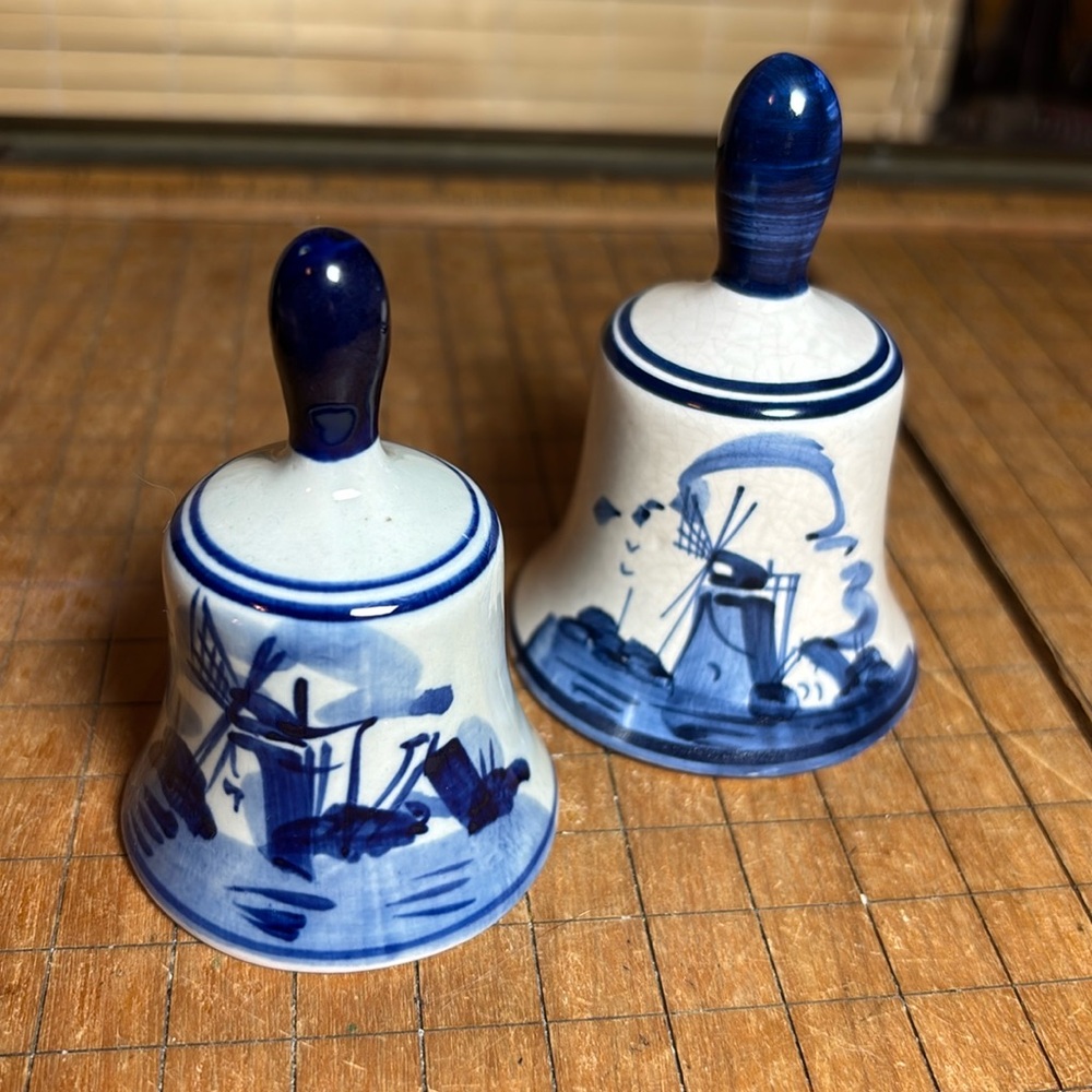 2 Delft Bells No. 607 Size 3”Hx 2”W  Delftsblauw and No. 74 Size 3.25”Hx2.25”W